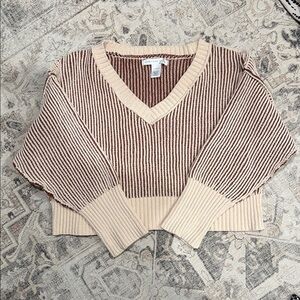 Altar'd State V-Neck Sweater - Cream and Brown